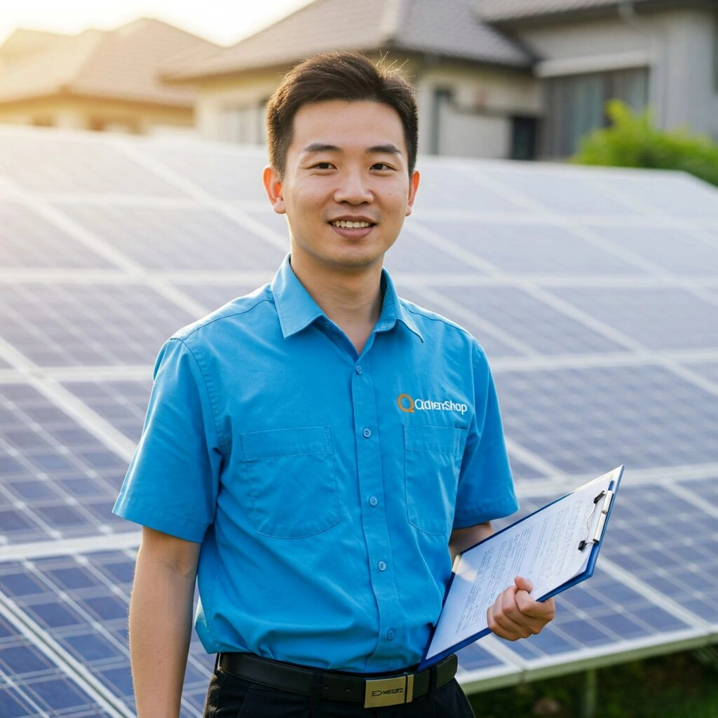 Mark Hu, General Manager at Qichenshop, beside a solar panel array