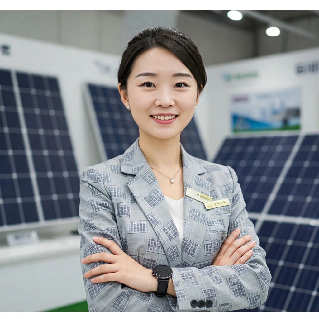 Helen Chen, Sales Supervisor at Qichenshop, in front of solar panels