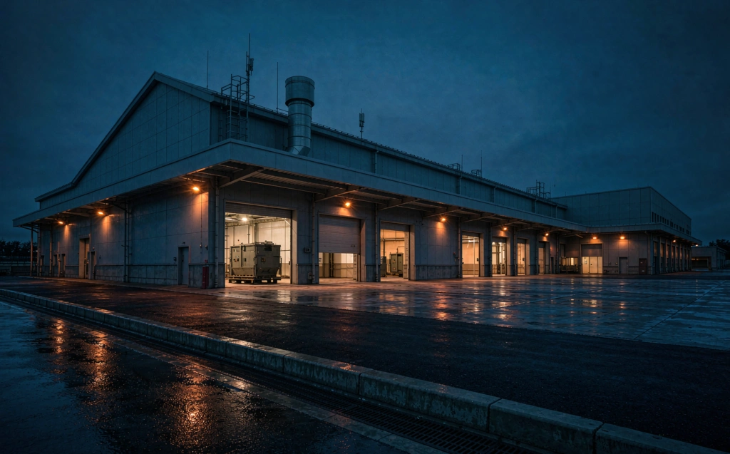 Blue-hour view of an industrial lighting factory building with warm LED light pools reflecting on wet ground