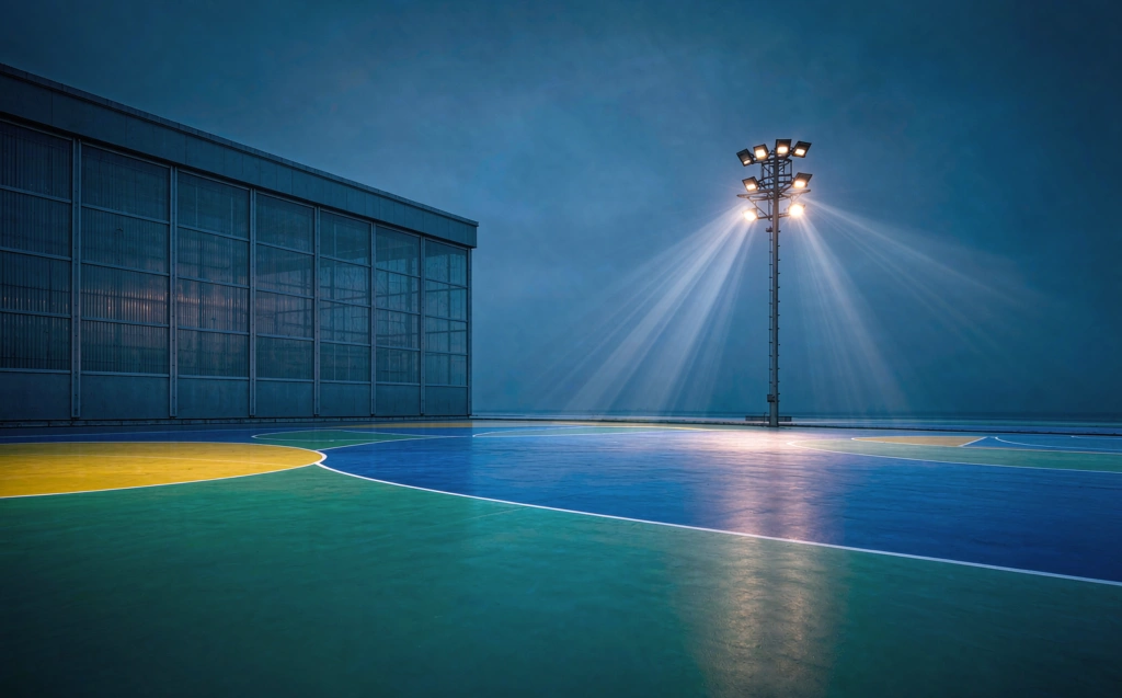 LED flood light mast casting warm beams over an outdoor sports court at blue hour