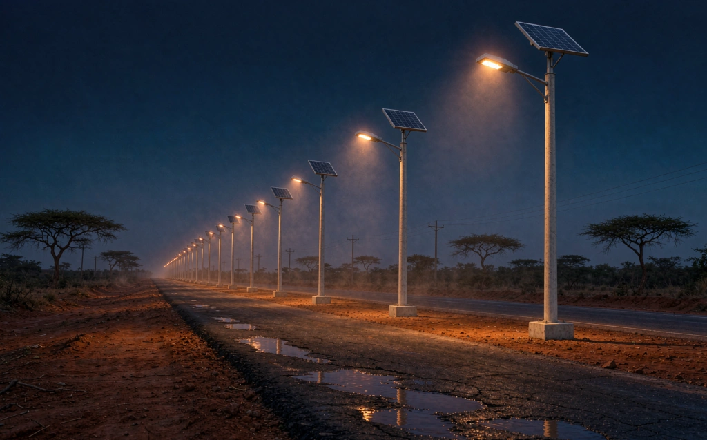 Row of solar street lights casting warm light pools along a West African intercity road at blue hour