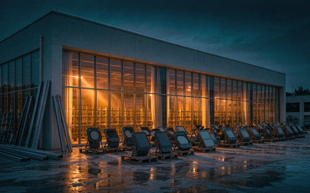 Photorealistic blue hour view of an outdoor lighting factory with finished solar street light heads staged on pallets under warm light