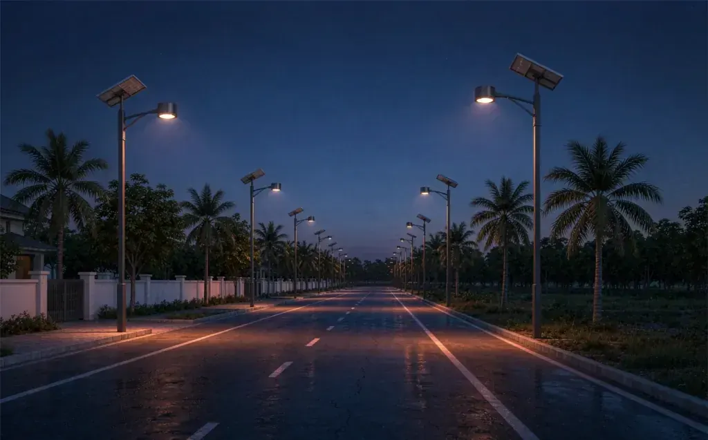 Solar street lights illuminating a tropical municipal road at blue hour, warm light pools on wet asphalt with palm trees, photorealistic cinematic illustration