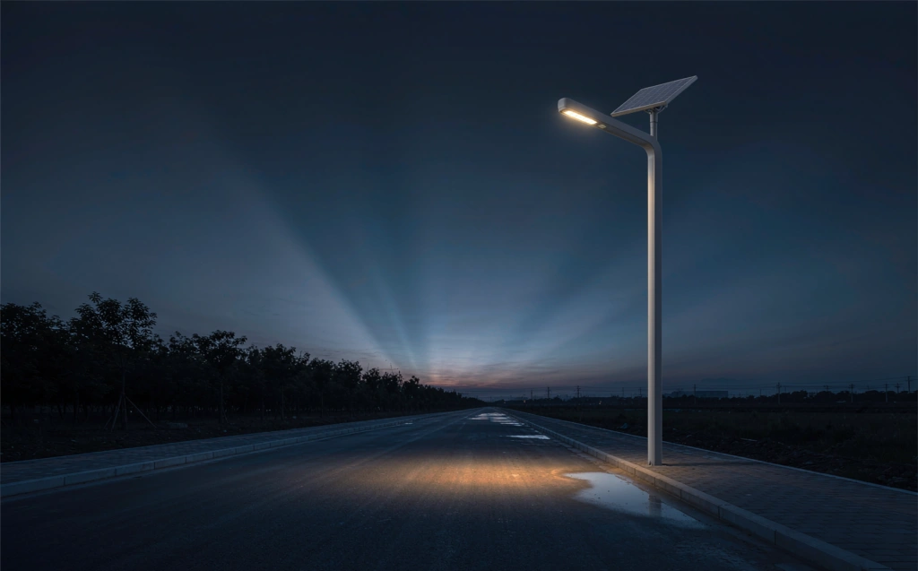 A solar street light casting a warm pool of light on a quiet road at blue hour, photorealistic architectural scene